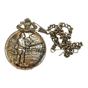 Vintage Wrangler Quartz Alnalog Fishing by River Pocket Watch With Chain